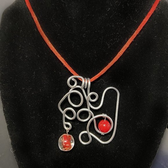 Unique Stainless Steel Twisted Necklace on Satin Cord with Red Glass Beads - Picture 2 of 3